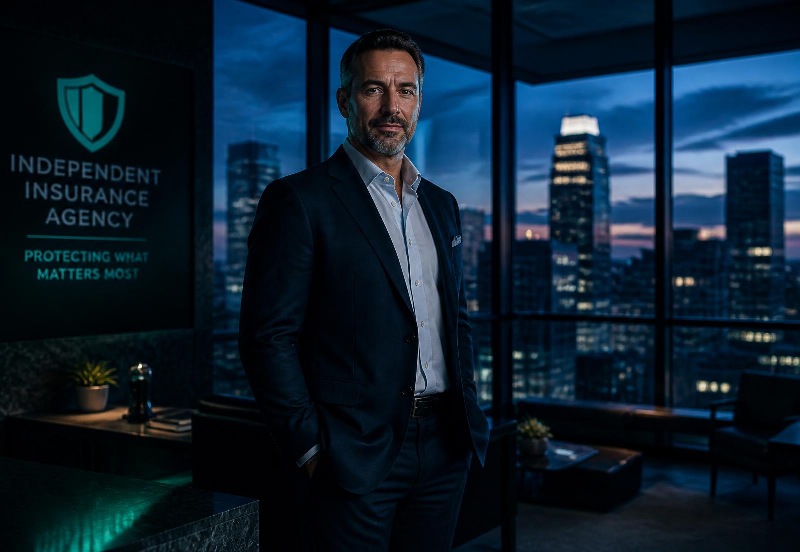 Independent insurance agency owner in a modern office at dusk